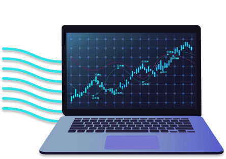 Laptop displaying trading charts with abstract spheres